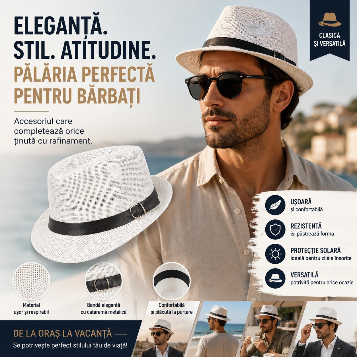 Pălărie Albă pentru Bărbați cu Bandă Neagră și Cataramă – Elegantă și Versatilă