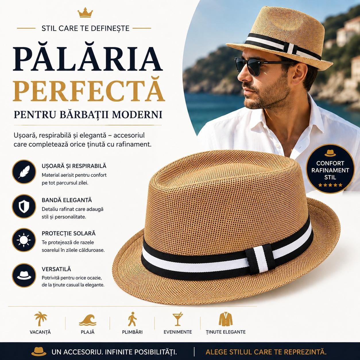 Pălărie Bărbați Elegantă Tip Panama - Ușoară, Respirabilă și Modernă pentru Vară