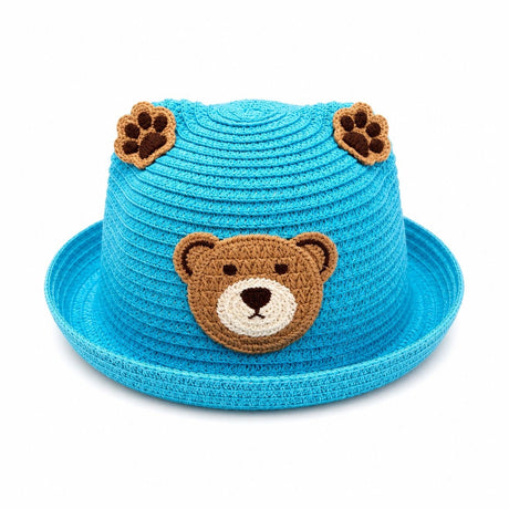 Palarie bleu copii cu ursulet, crosetata manual, bumbac, model vesel