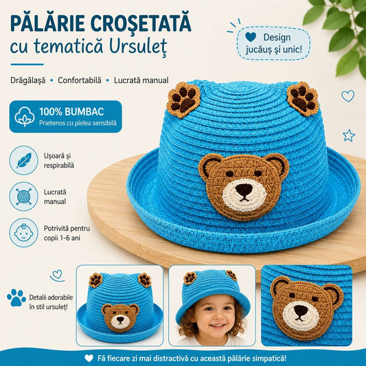 Palarie bleu copii cu ursulet, crosetata manual, bumbac, model vesel