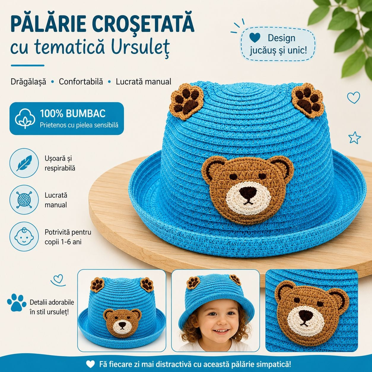 Palarie bleu copii cu ursulet, crosetata manual, bumbac, model vesel