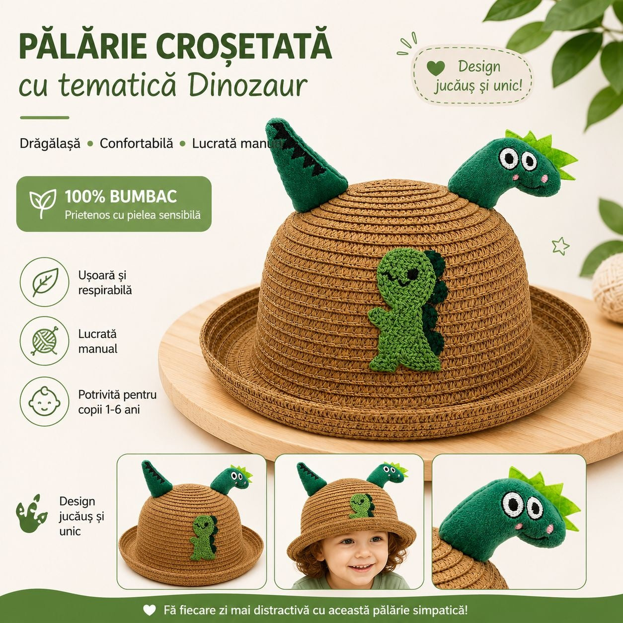 Palarie copii cu dinozaur verde, crosetata manual, bumbac, model maro