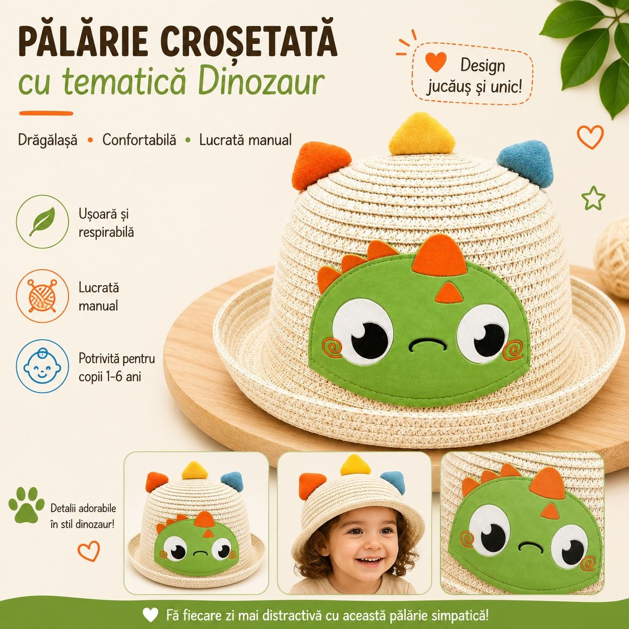 Palarie copii cu dinozaur verde, crosetata manual, model crem, bumbac