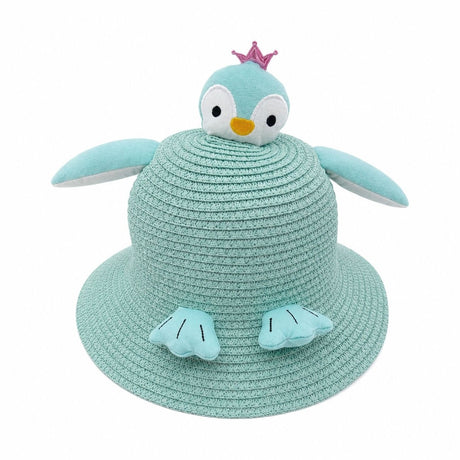 Palarie copii cu pinguin bleu si coroana decorativa, crosetata manual