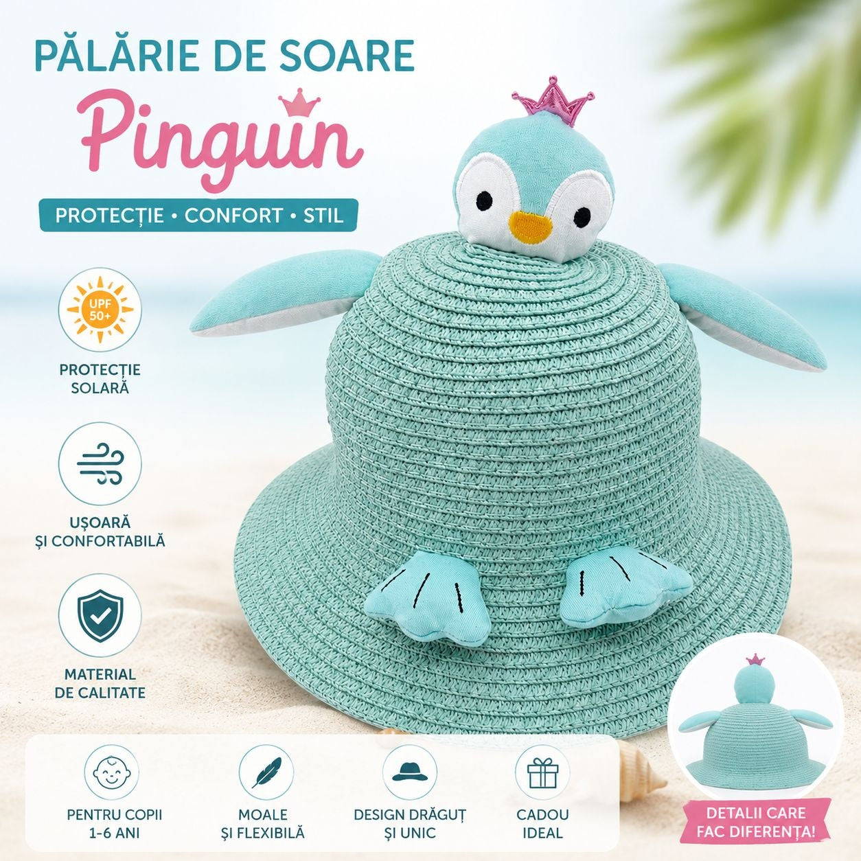 Palarie copii cu pinguin bleu si coroana decorativa, crosetata manual