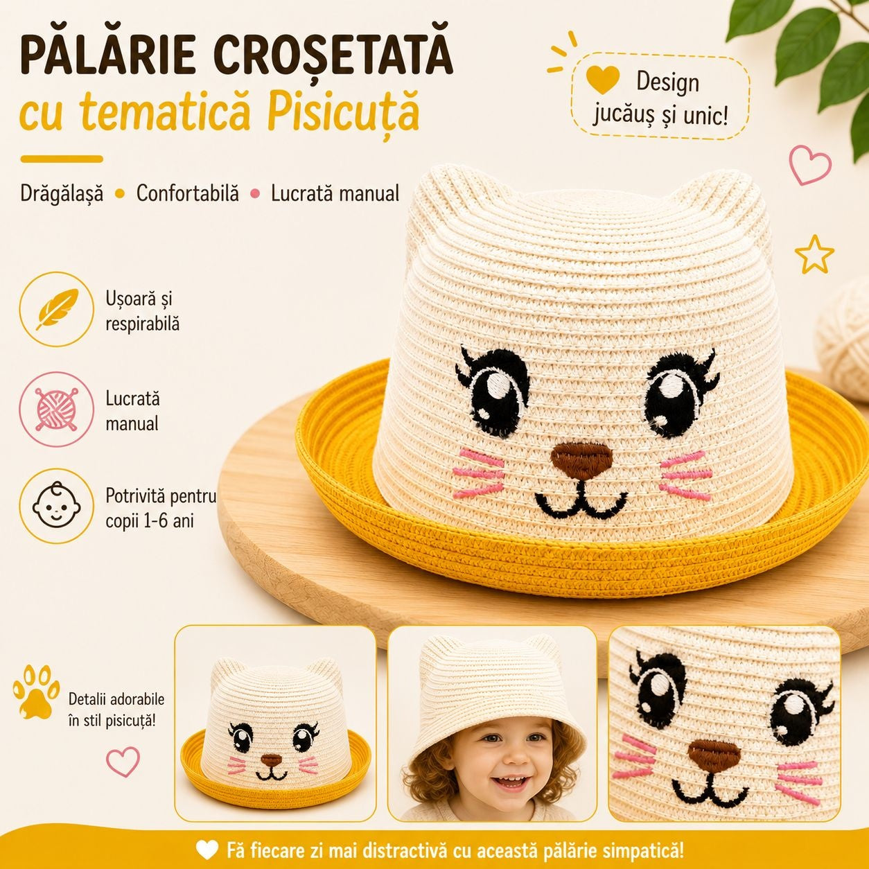 Palarie copii cu pisicuta, crosetata manual, bumbac, crem-galben