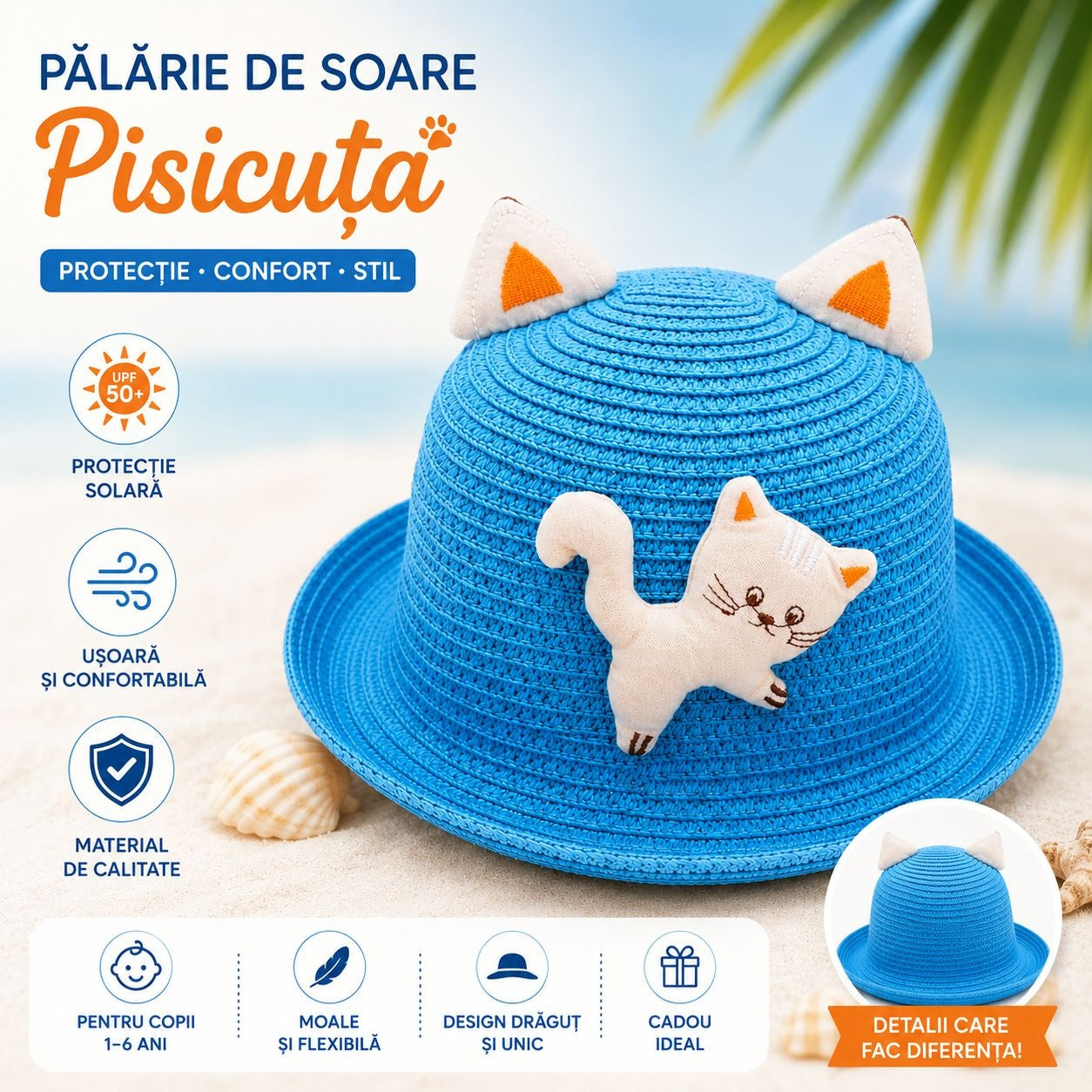 Palarie copii cu pisicuta decorativa albastra, model vesel si confortabil pentru vara