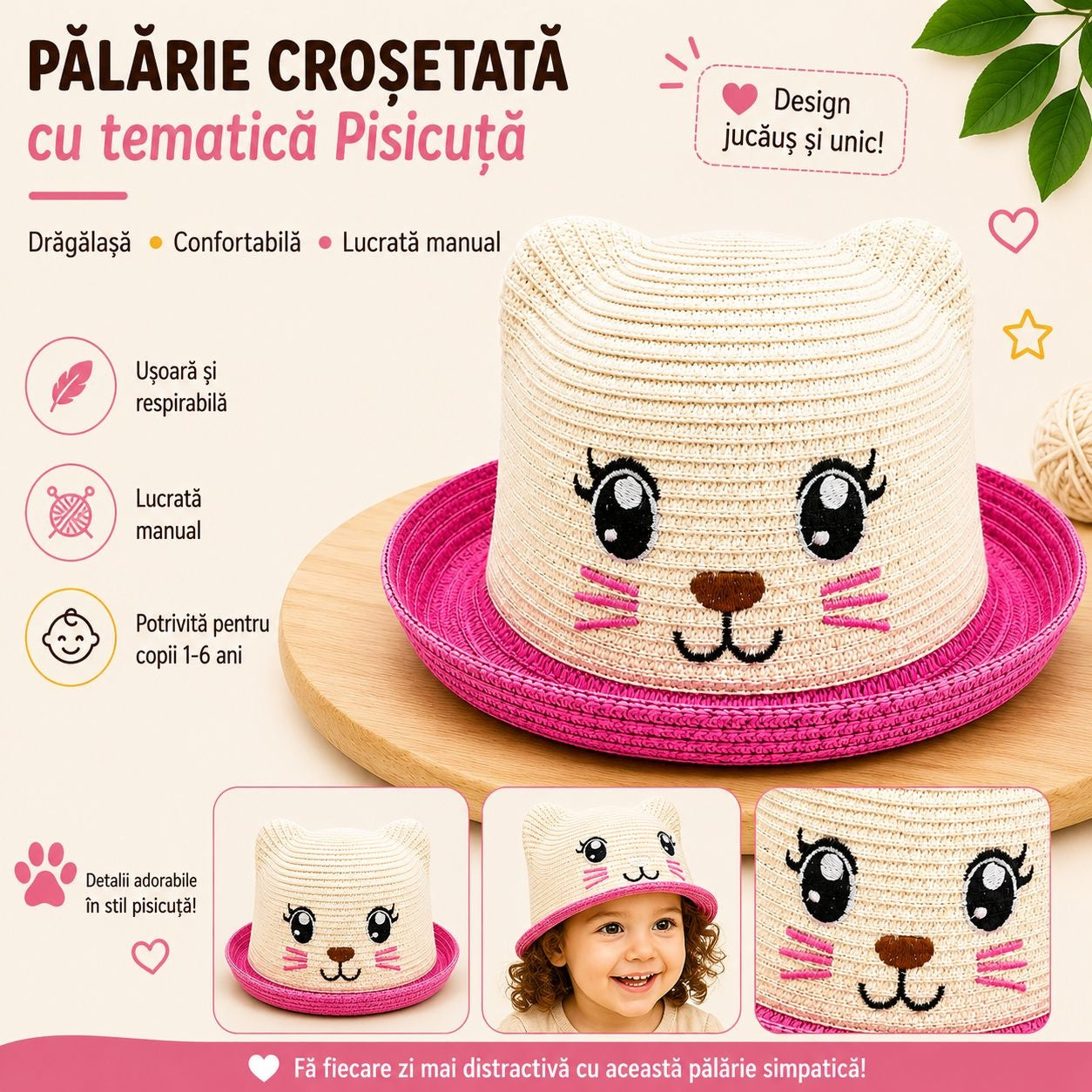 Palarie copii cu pisicuta fucsia, crosetata manual, crem-roz, 1-6 ani