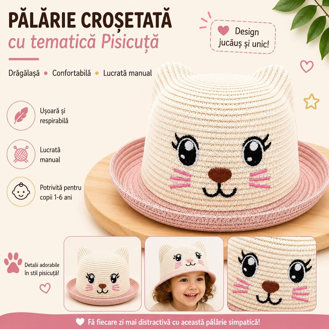 Palarie copii cu pisicuta roz, crosetata manual, bumbac, crem-roz