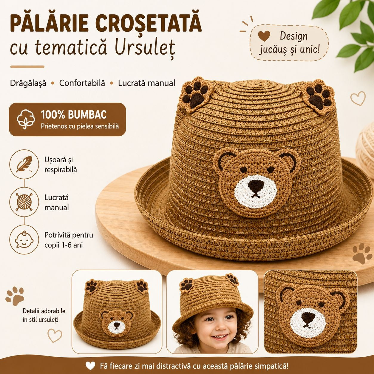 Palarie copii cu ursulet, crosetata manual, bumbac, model maro natur, 1-6 ani