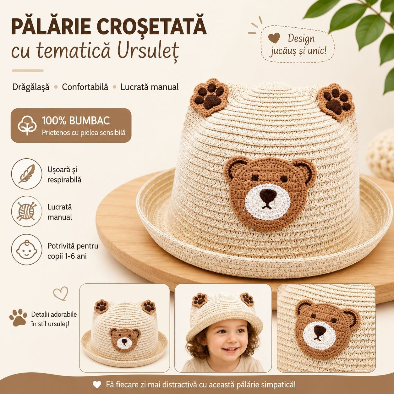 Palarie crem copii cu ursulet, crosetata manual, bumbac, model adorabil