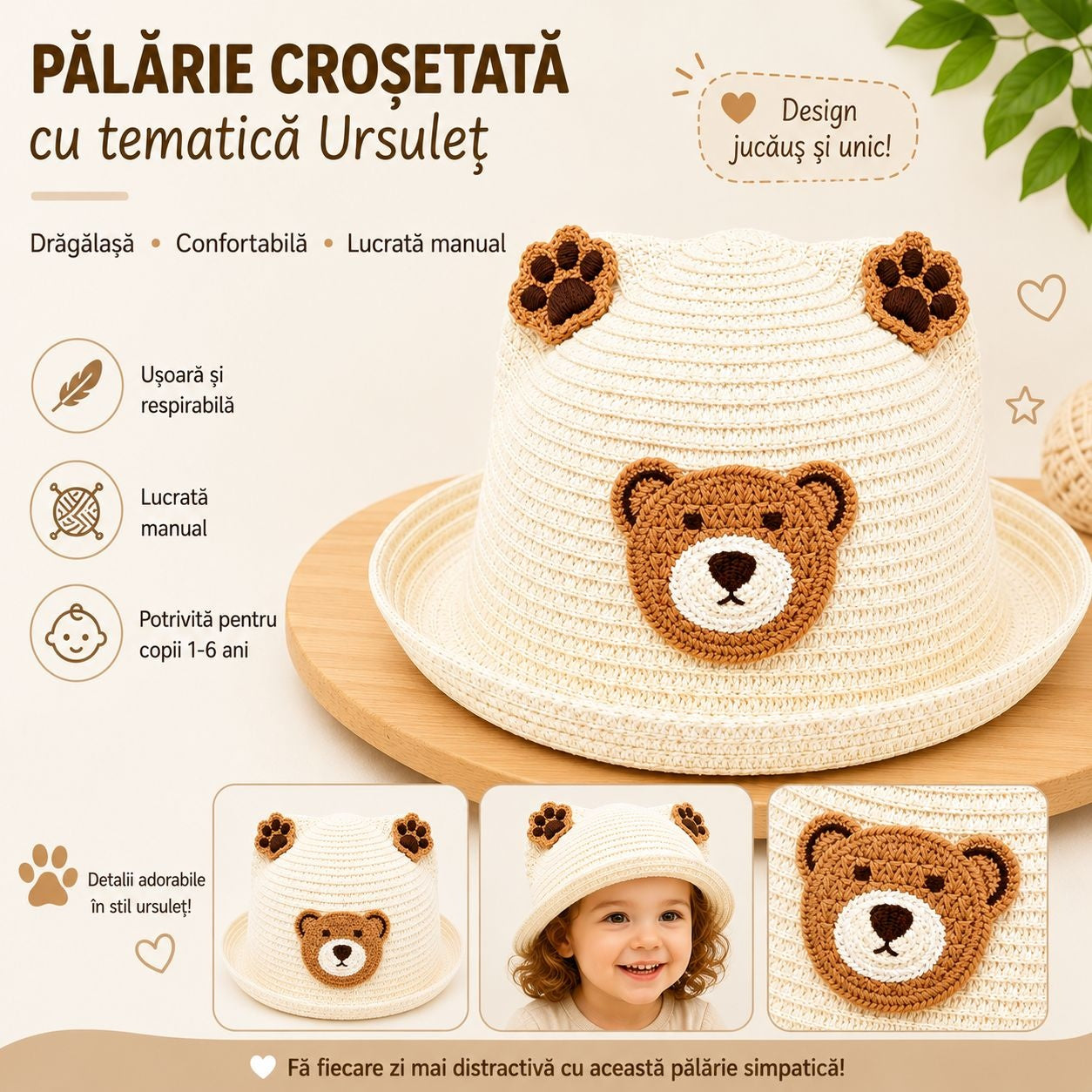 Palarie crem copii cu ursulet maro, crosetata manual, bumbac, model dragut
