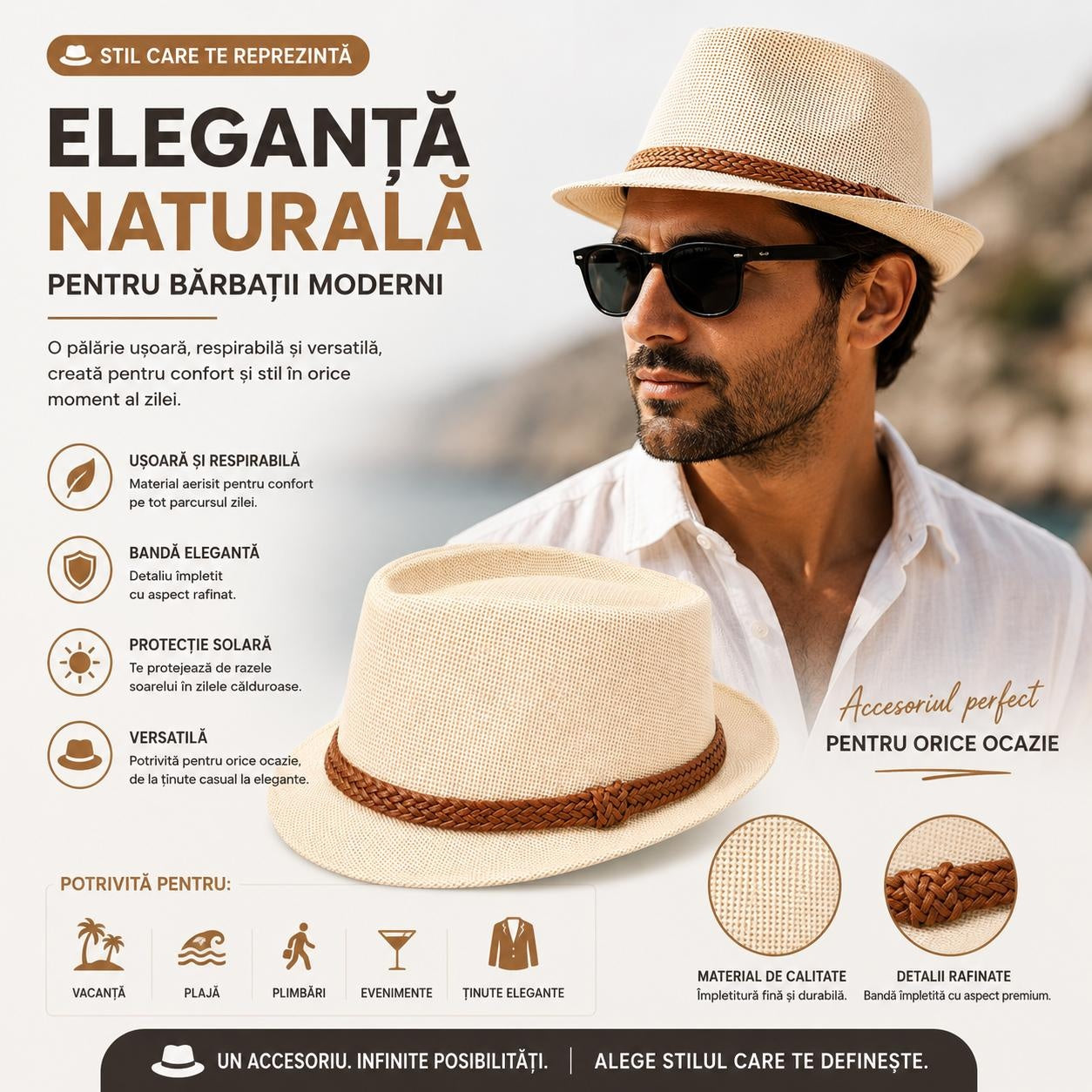 Pălărie Crem pentru Bărbați cu Bandă Împletită Maro – Elegantă și Respirabilă