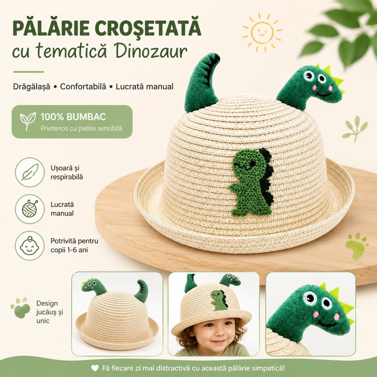 Palarie Crosetata Copii cu Tematica Dinozaur, Bumbac, Design Handmade, Crem-Verde