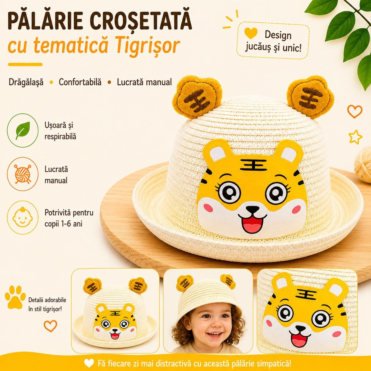 Palarie crosetata copii cu tigrisor, crem, lucrata manual