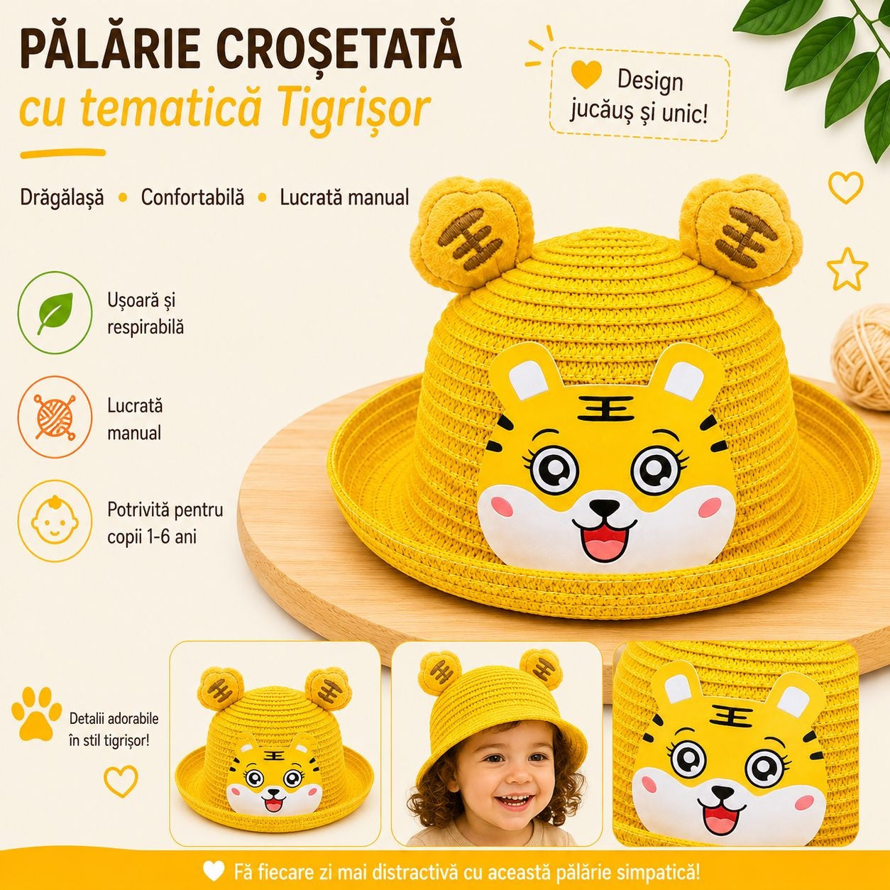 Palarie crosetata copii cu tigrisor galben vesel, lucrata manual, 1-6 ani