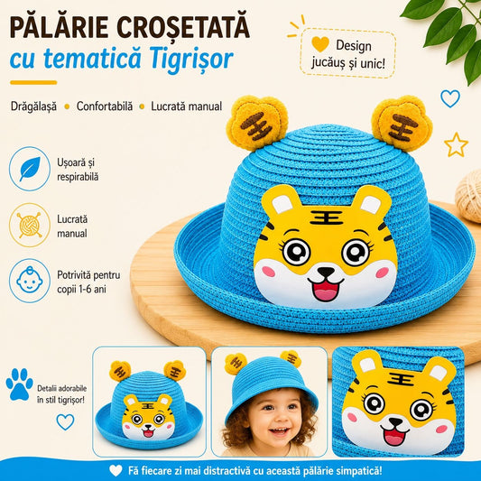 Palarie crosetata copii cu tigrisor vesel albastru, lucrata manual
