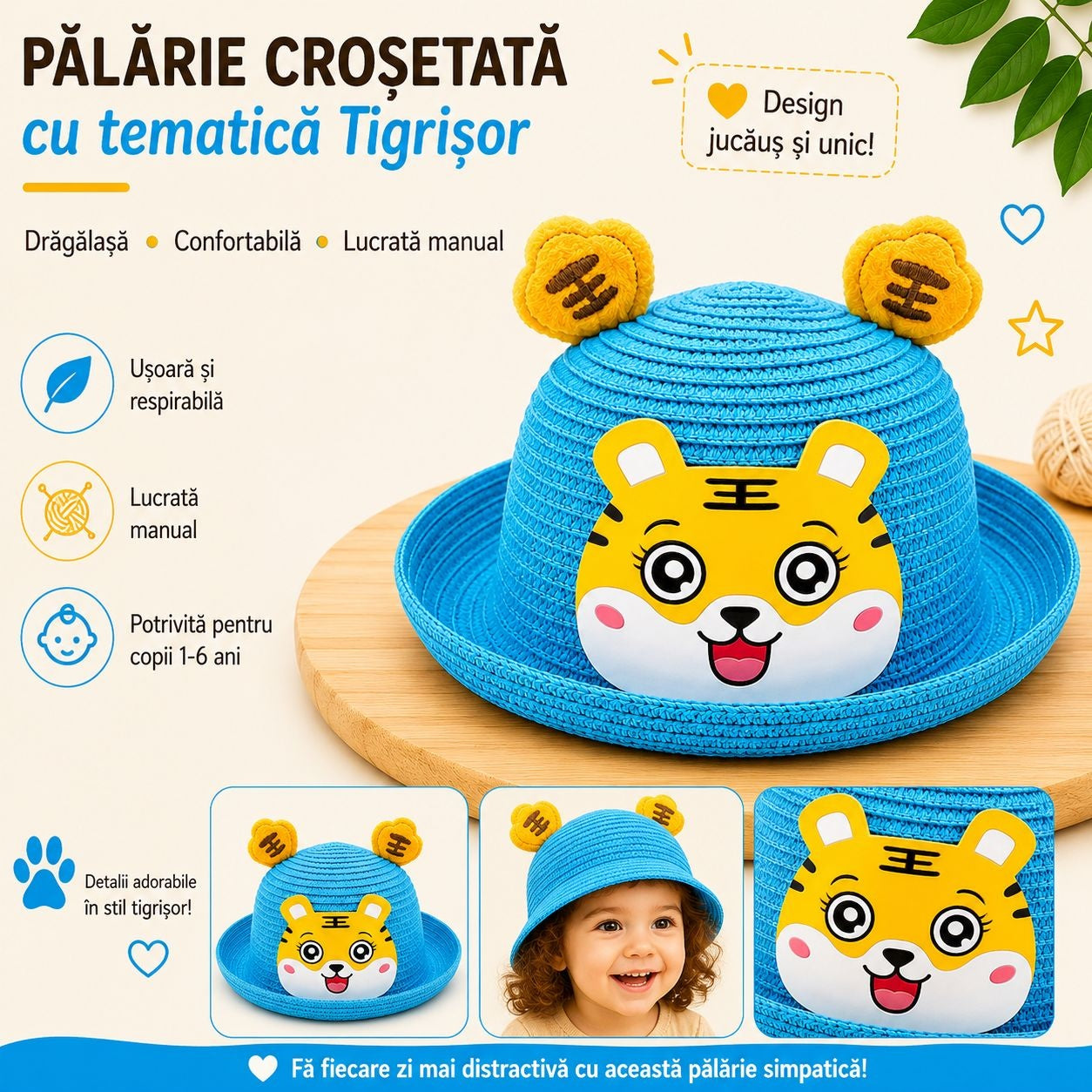 Palarie crosetata copii cu tigrisor vesel albastru, lucrata manual