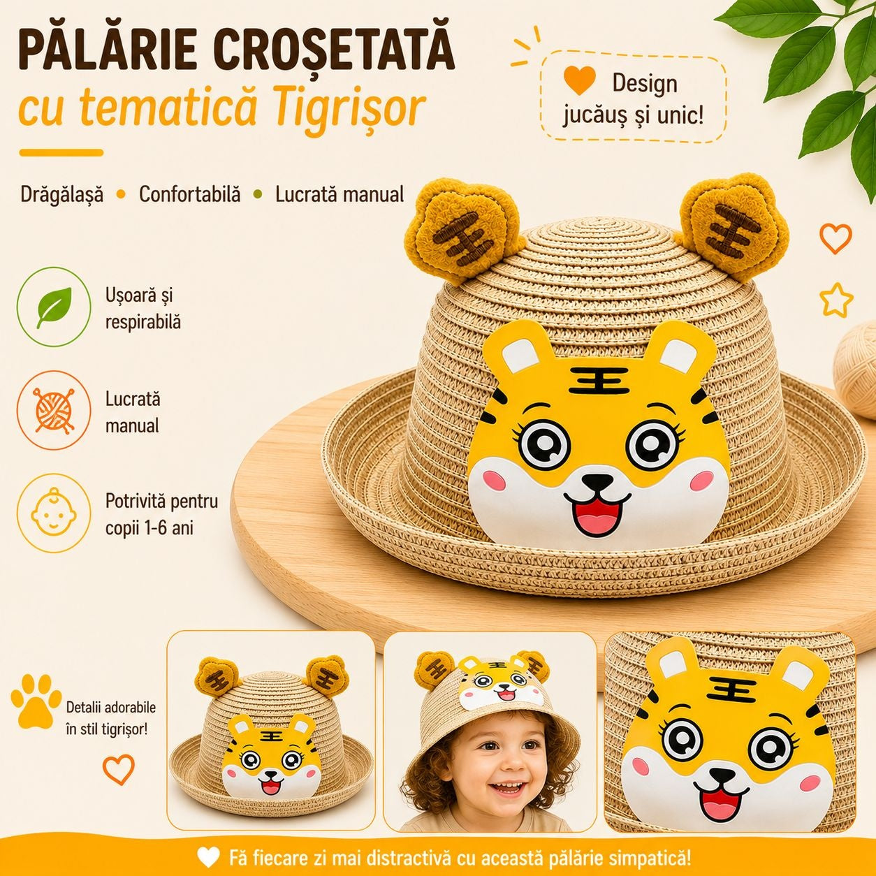 Palarie crosetata copii cu tigrisor vesel, crem, lucrata manual