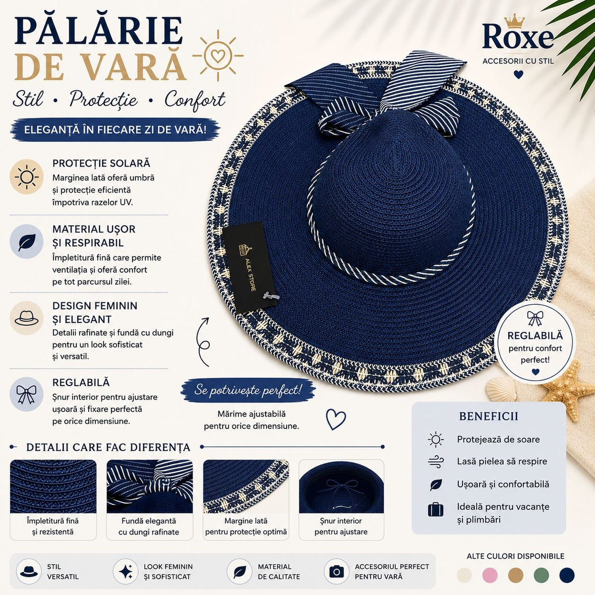 Pălărie Damă Albastru Bleumarin de Vară cu Bor Lat, Fundă Decorativă și Margine cu Model