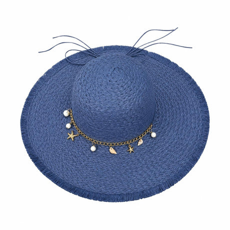 Pălărie Damă Albastru de Vară cu Bor Lat, Franjuri Decorative și Accesorii cu Perle