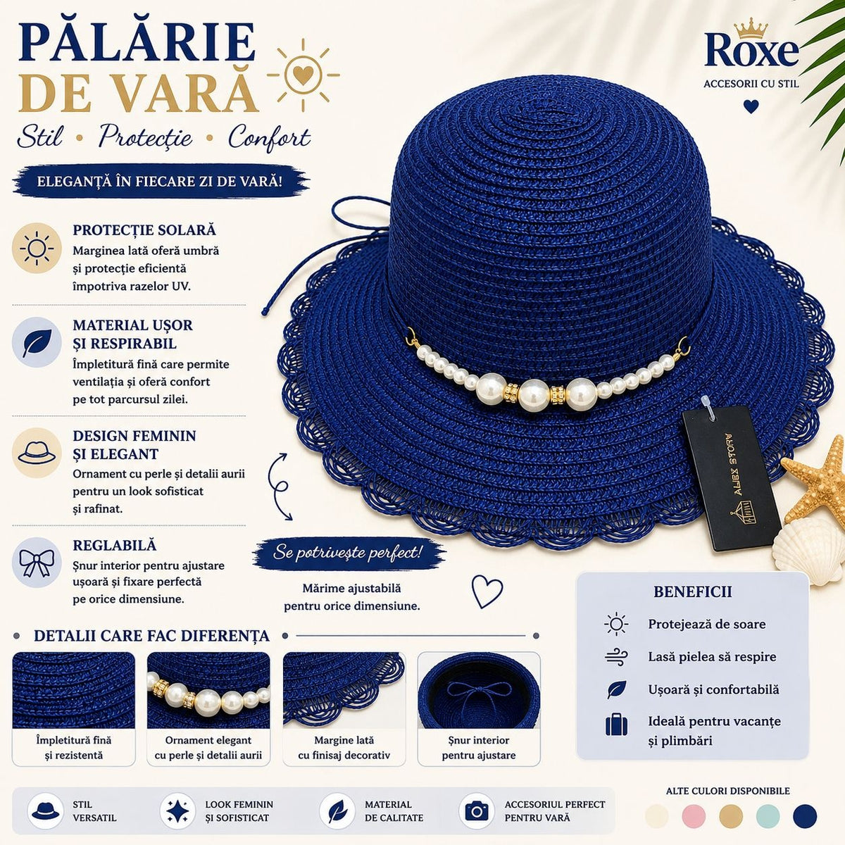 Pălărie Damă Albastru Regal de Vară cu Bor Lat și Perle Decorative