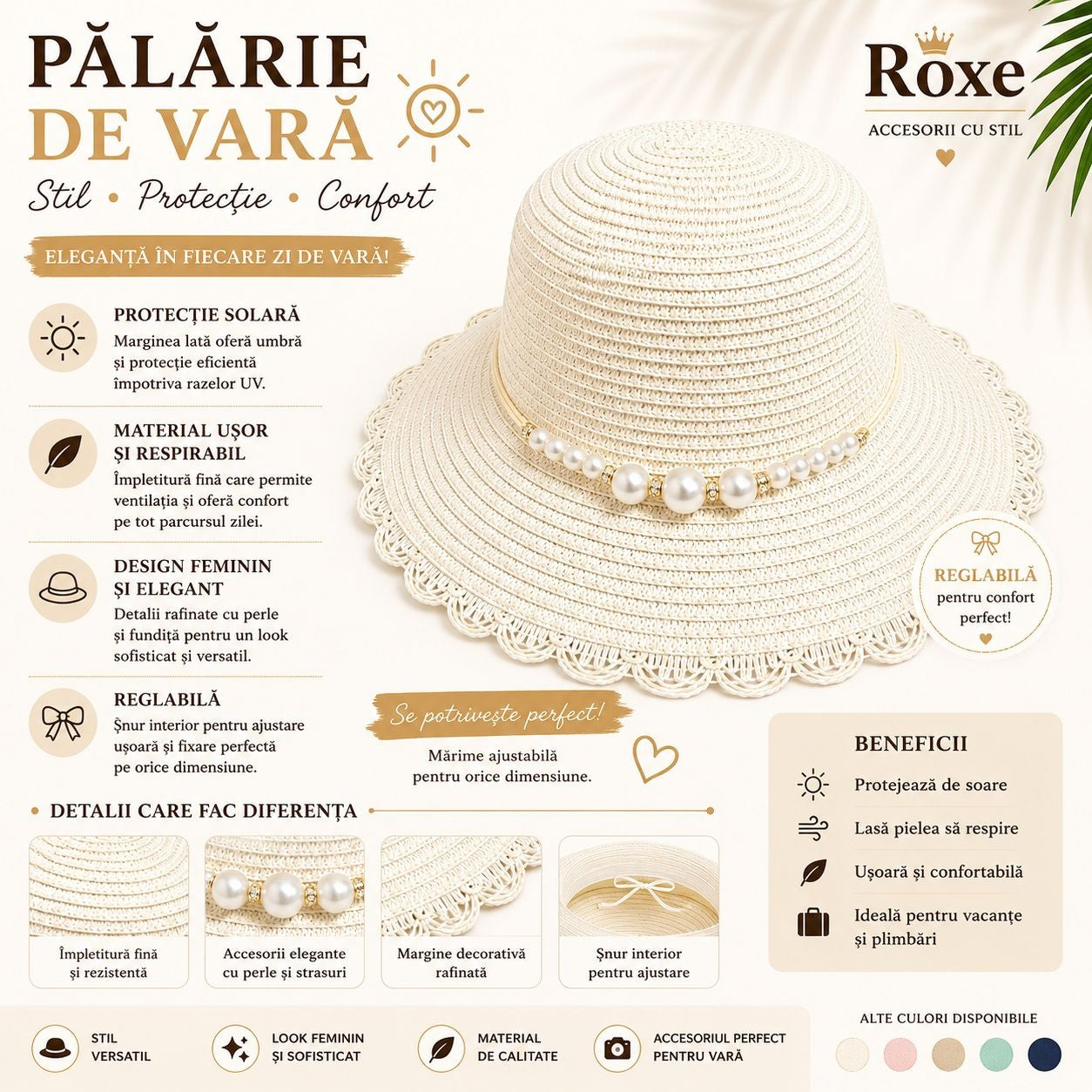 Pălărie Damă Crem de Vară cu Bor Decorativ și Perle Elegante