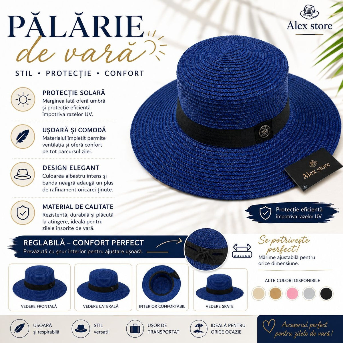 Pălărie Damă de Vară Albastru Regal cu Bandă Neagră – Bor Lat, Reglabilă, Protecție UV