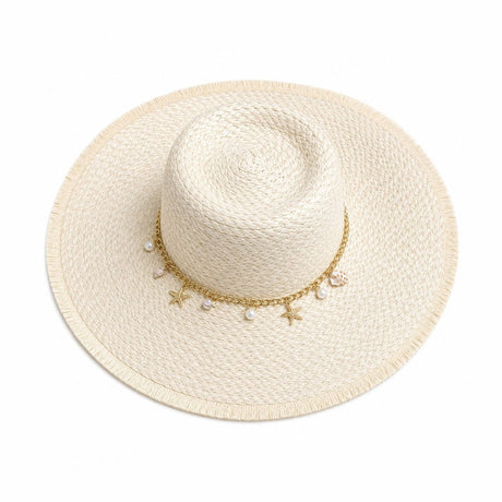 Pălărie Damă de Vară Bej cu Bor Lat și Lanț Decorativ cu Perle și Scoici – Elegantă, Protecție UV