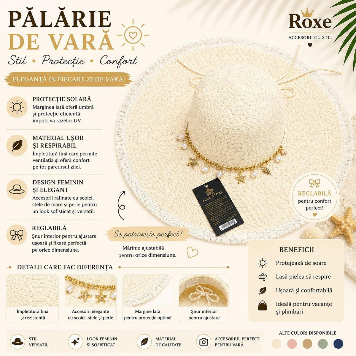 Pălărie Damă de Vară Bej cu Bor Lat și Lanț Decorativ cu Stele de Mare, Scoici și Perle – Reglabilă