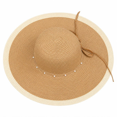 Pălărie Damă de Vară Maro-Bej cu Bor Lat și Perle – Reglabilă, Elegantă, Protecție UV