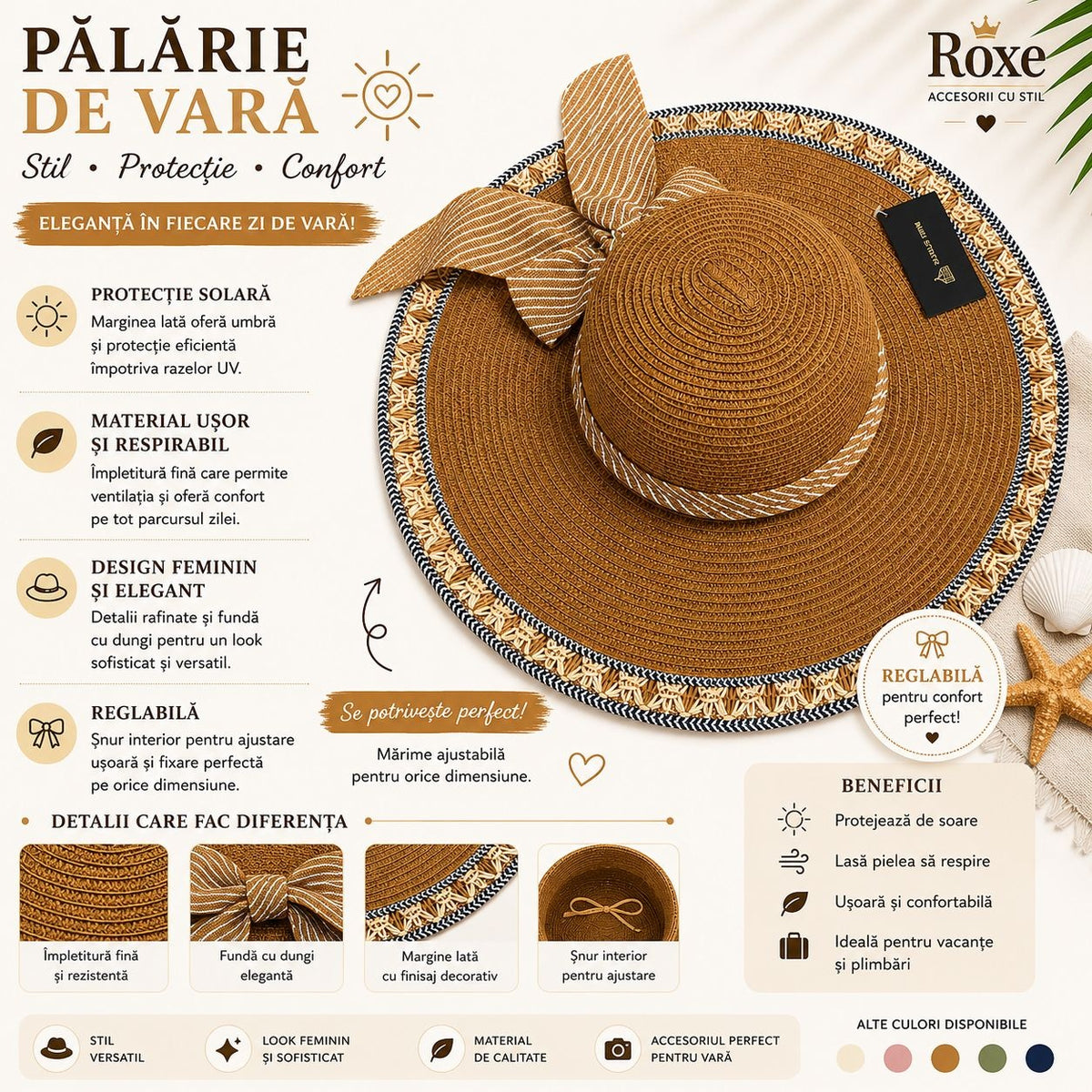 Pălărie Damă Maro de Vară cu Fundă și Bor Lat – Reglabilă, Elegantă și Protecție UV