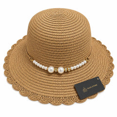 Pălărie Damă Maro de Vară cu Perle Decorative și Bor Ondulat Elegant