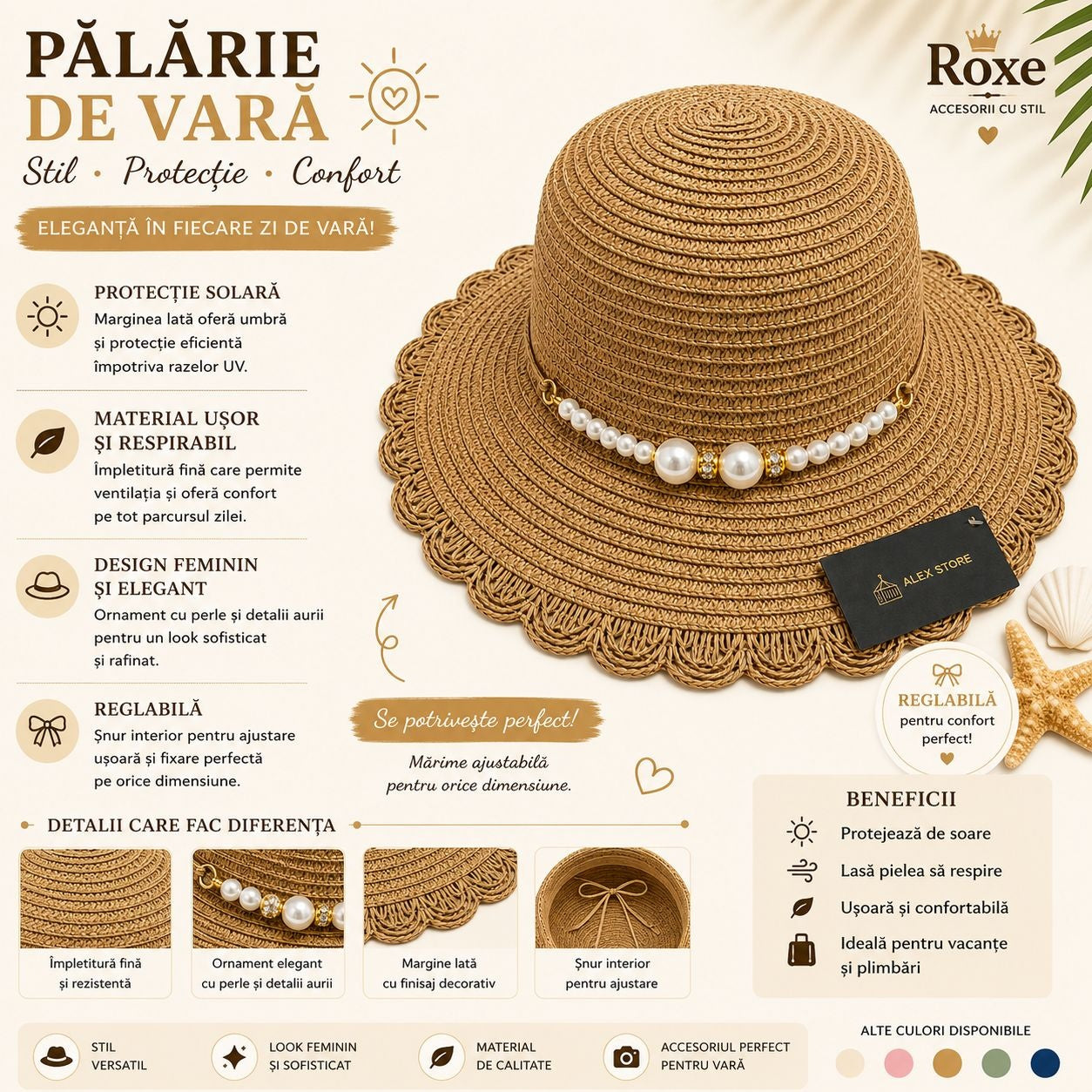 Pălărie Damă Maro de Vară cu Perle Decorative și Bor Ondulat Elegant