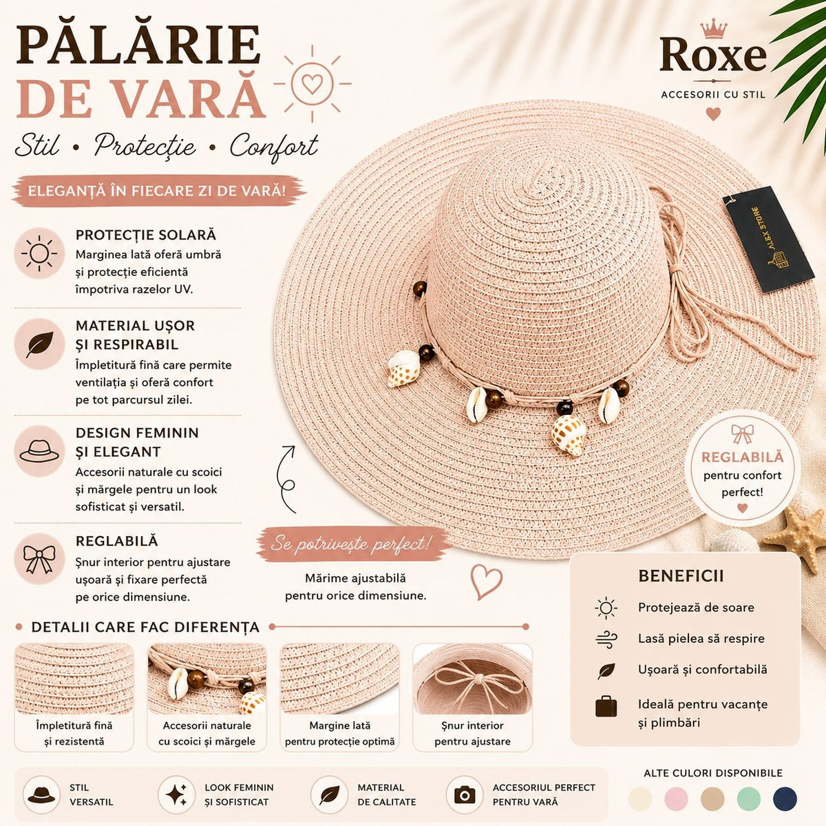 Pălărie Damă Roz Pudrat de Vară cu Bor Lat și Decor cu Scoici și Mărgele