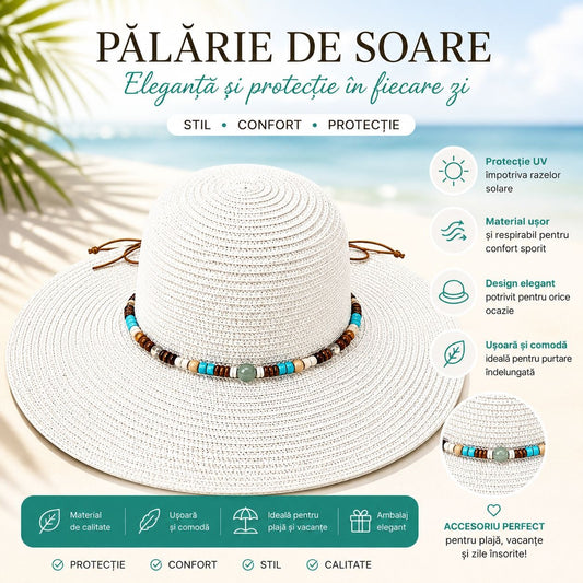 Palarie de Soare Alba Eleganta cu Accesorii Colorate pentru Plaja si Vacante