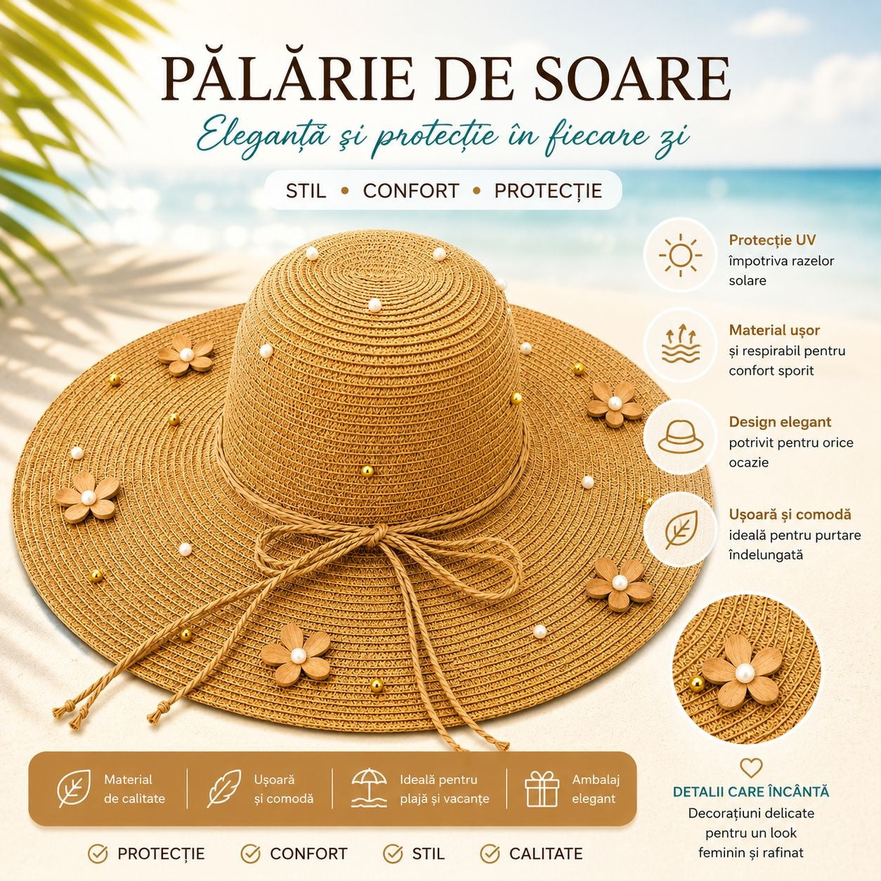 Palarie de Soare Bej cu Flori Decorative si Perlute pentru Plaja si Vacante
