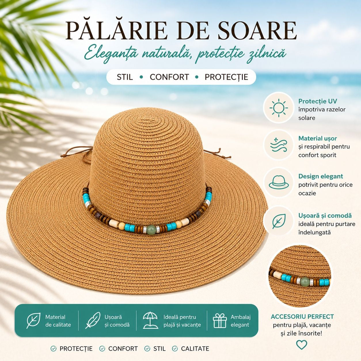 Palarie de Soare Bej Eleganta cu Accesorii Colorate pentru Plaja si Vacante