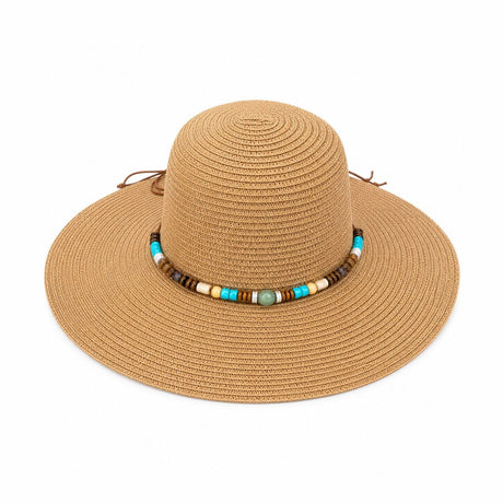 Palarie de Soare Bej Eleganta cu Accesorii Colorate pentru Plaja si Vacante