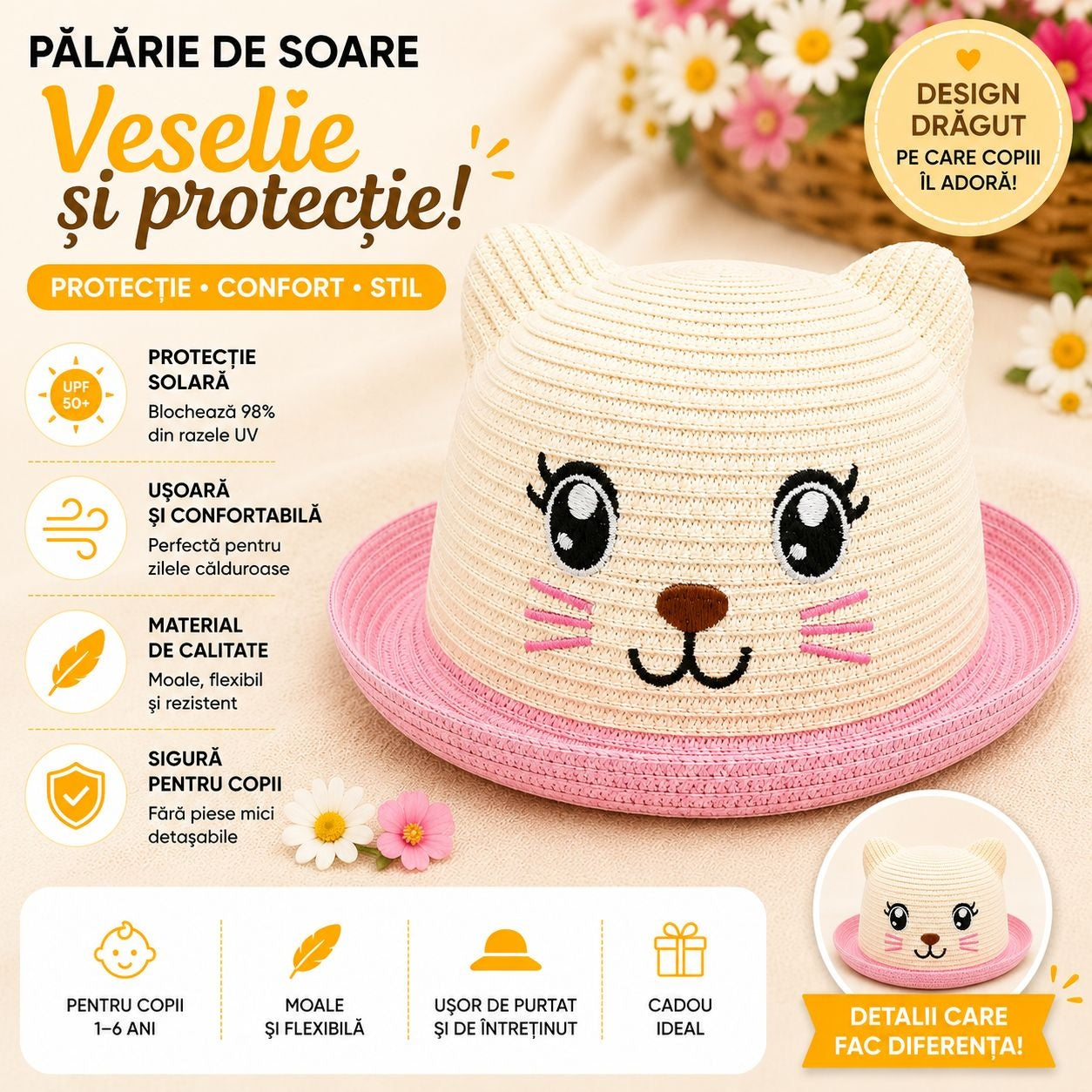 Palarie de soare copii cu pisicuta roz, crosetata manual, crem-roz