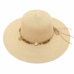 Pălărie de Soare Damă Bej cu Bor Lat și Accesorii Boho