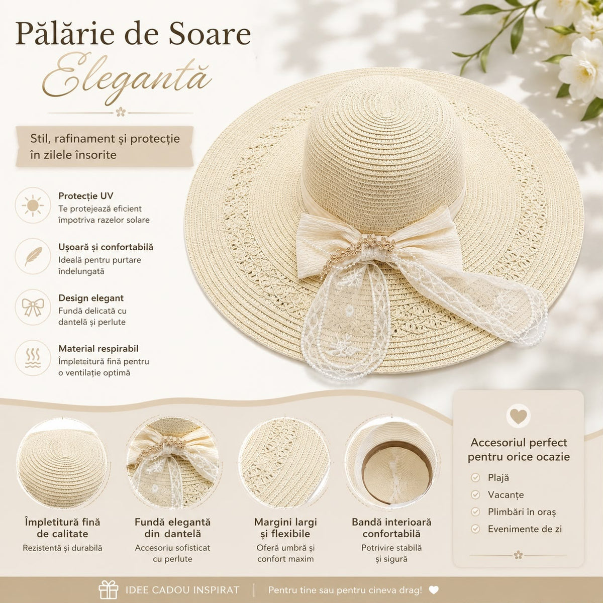 Pălărie de Soare Damă Crem cu Fundă din Dantelă și Bor Lat – Elegantă