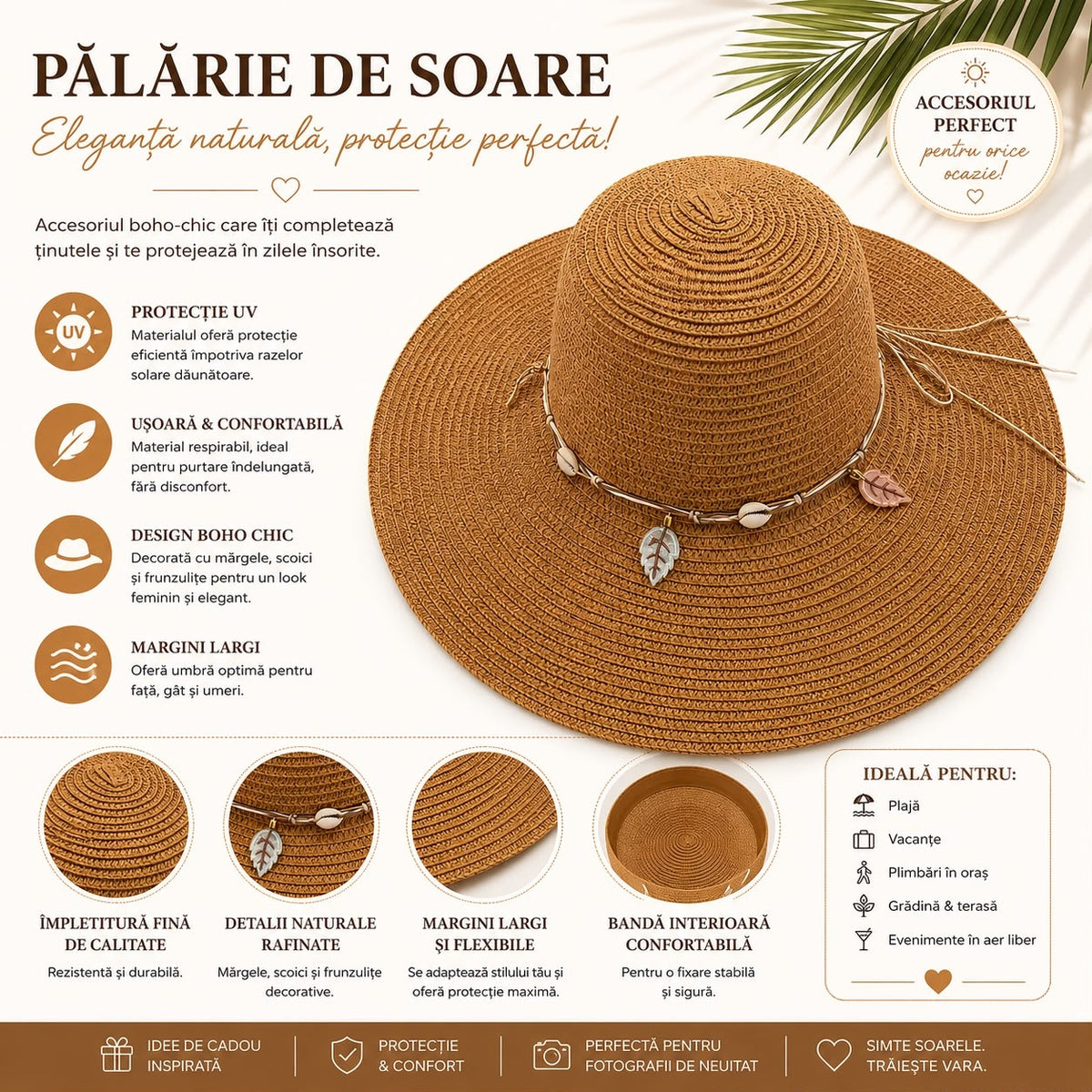 Pălărie de Soare Damă Maro cu Bor Lat și Accesorii Boho