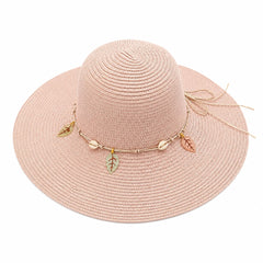 Pălărie de Soare Damă Roz Pudrat cu Bor Lat și Accesorii Boho