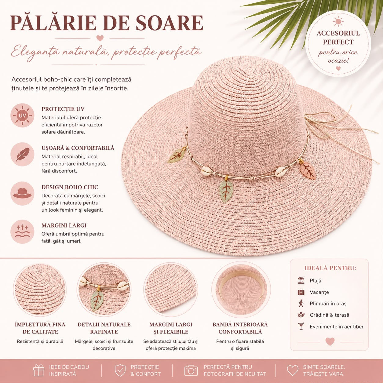 Pălărie de Soare Damă Roz Pudrat cu Bor Lat și Accesorii Boho