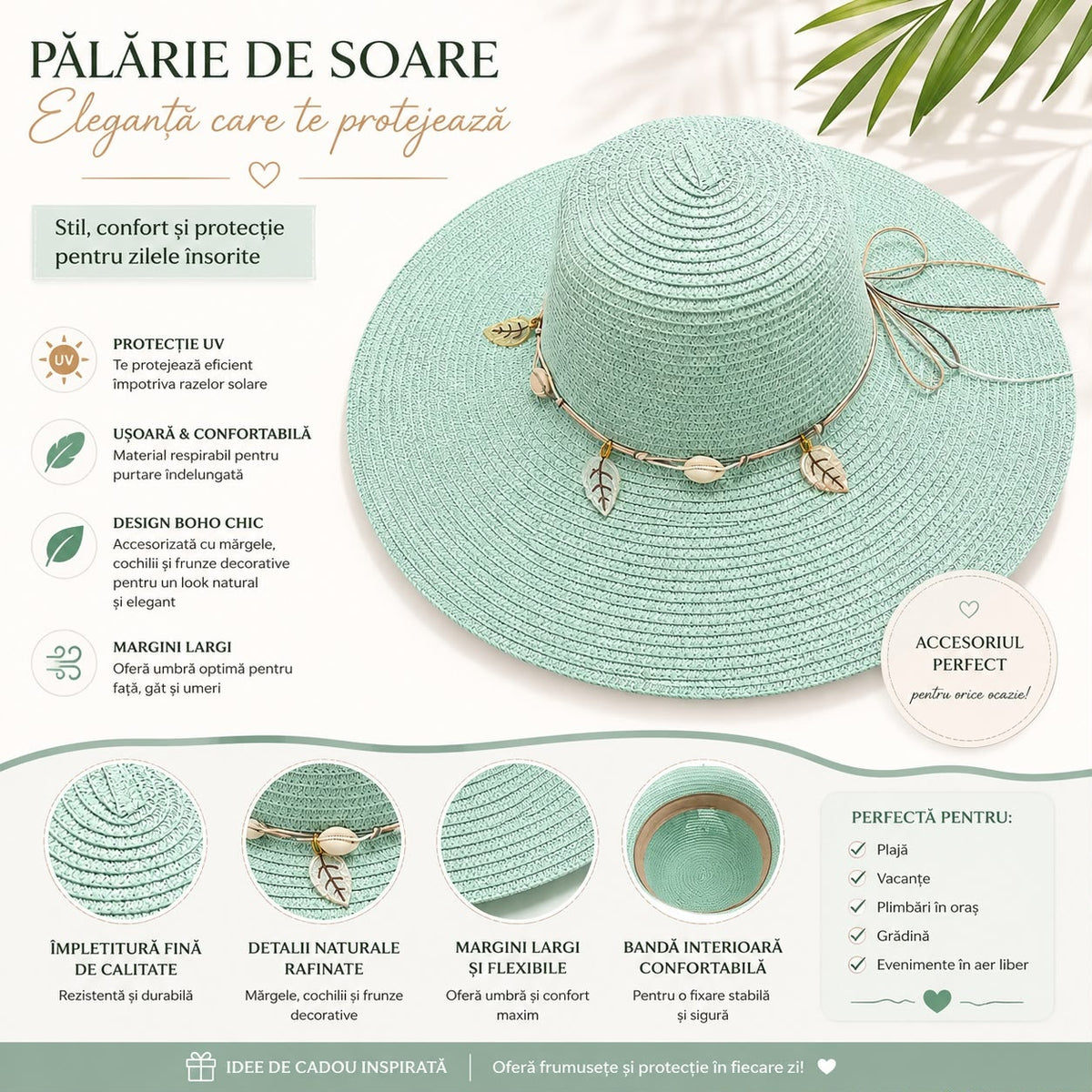 Pălărie de Soare Damă Verde Mentă cu Bor Lat și Accesorii Boho