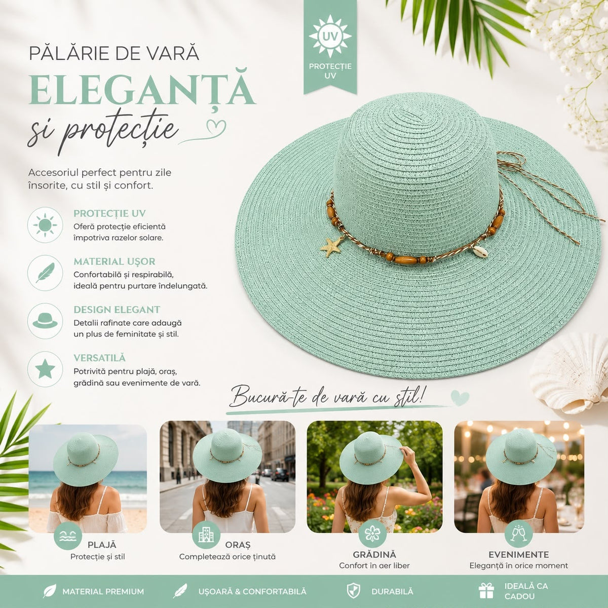 Pălărie de Soare Damă Verde Mentă cu Bor Lat și Accesorii Decorative – Elegantă