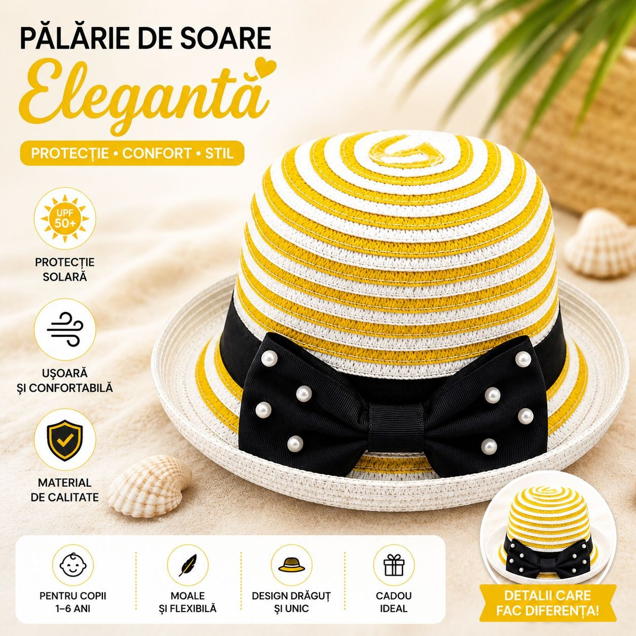 Palarie de soare eleganta pentru fetite, model dungat galben-alb cu funda neagra