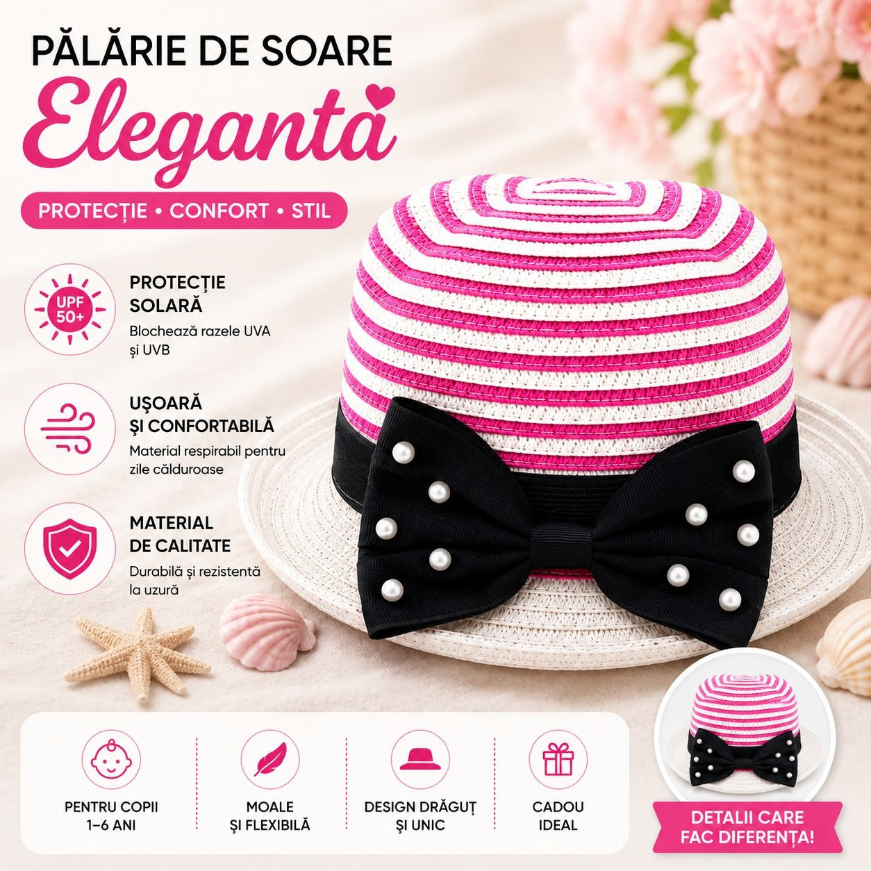 Palarie de soare eleganta pentru fetite, model roz-alb cu funda neagra si perlute