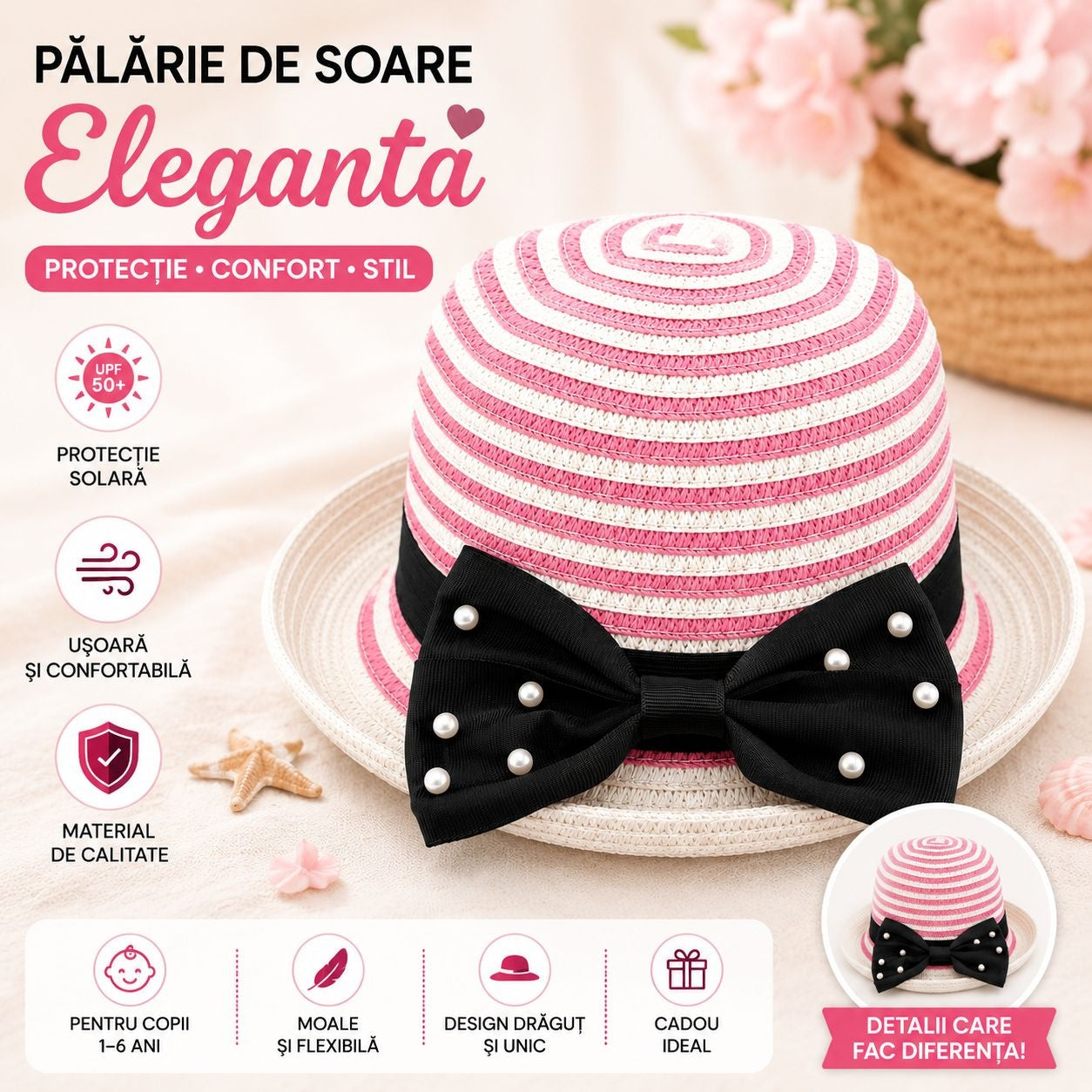 Palarie de soare eleganta pentru fetite, model roz-alb cu funda si perlute